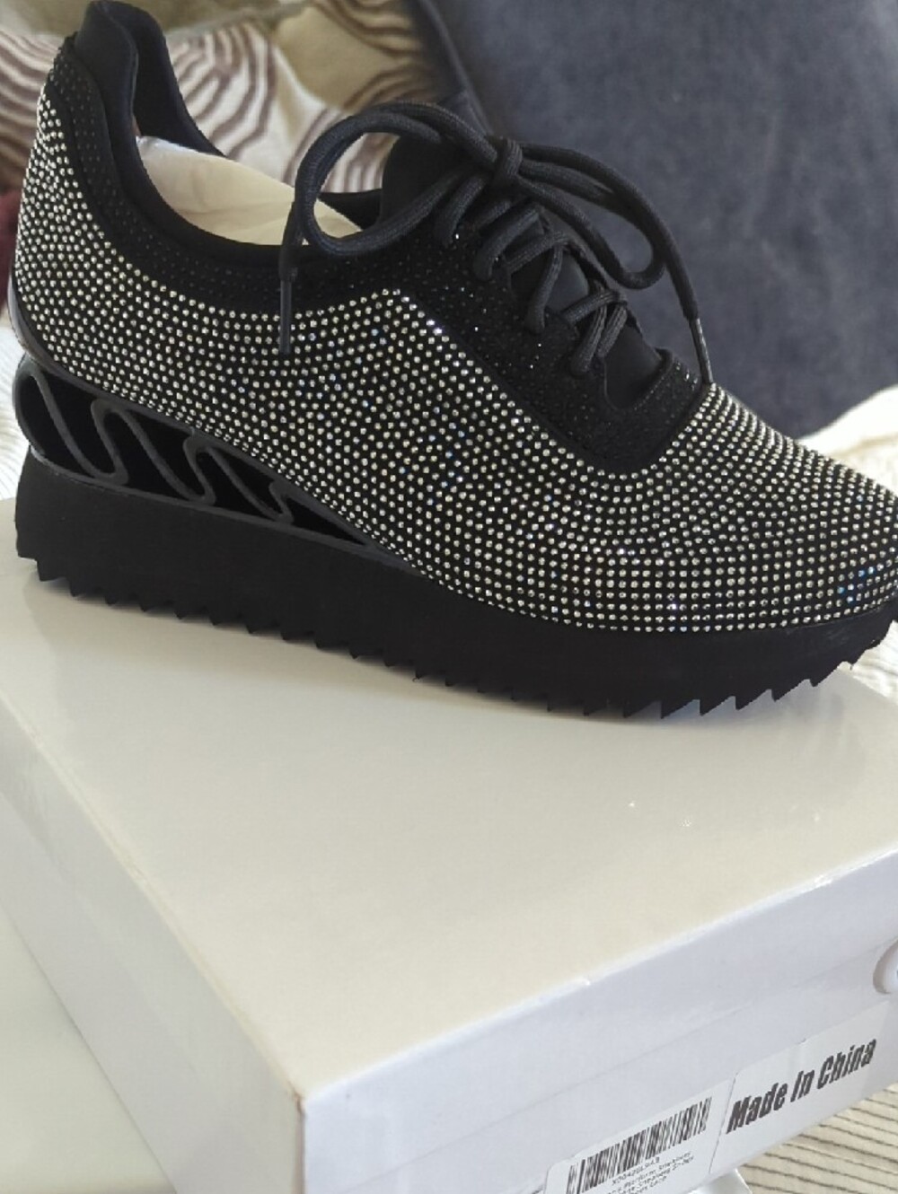 Black Crystal Embellished Platform Trainer - Picture 3 of 4